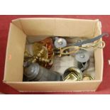 A box of miscellaneous metalware, to include Victorian pewter loving cup inscribed for the Exeter
