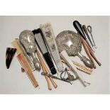 A collection of miscellaneous items, to include various fans, button hooks, glove-stretchers etc