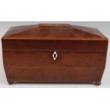 A late George III partridge wood and chequer strung tea caddy, of shaped rectangular form, the