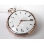 A George III silver pair cased pocket watch, having white enamel dial (hairline and chip to