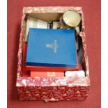 A box of miscellaneous items, to include Royal Crown Derby Derby Posies pattern trinket jar and