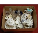 A box of miscellaneous china and glassware, to include Aynsley Cottage Garden pattern tablewares,