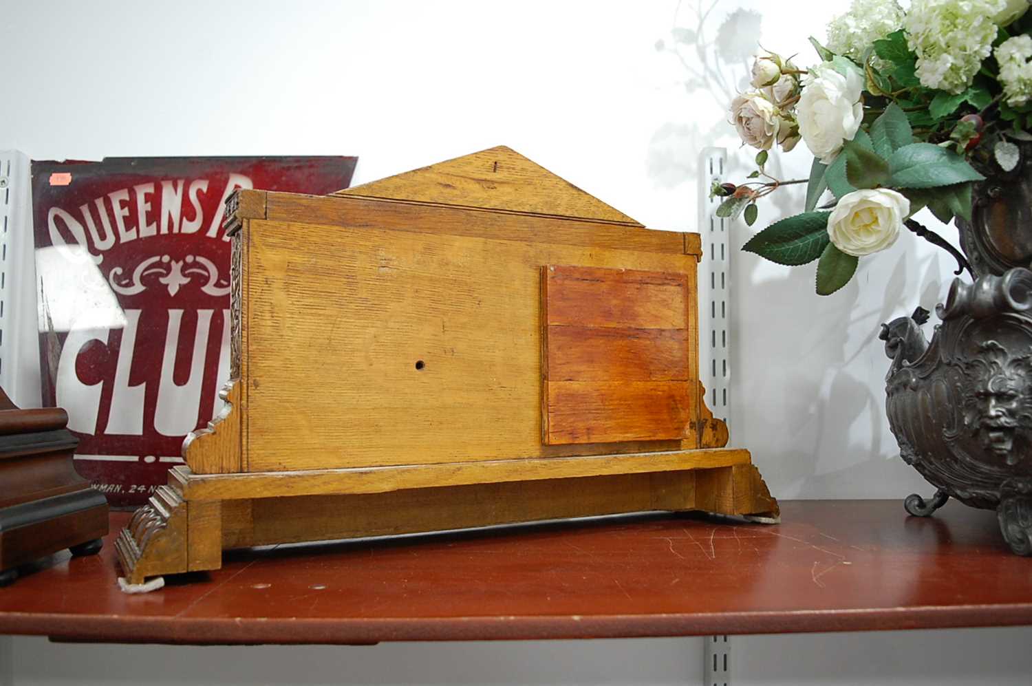 A Victorian carved oak desk weather station, inset with clock and barometer, with central - Image 9 of 9