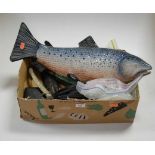 A box of miscellaneous items, to include a large ceramic model of a fish, Eastern jimbaya, camera