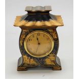 An early 20th century chinoisserie blue lacquered mantel clock, being heavily Japan influenced,