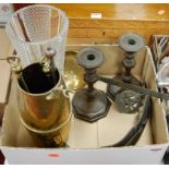 A box of miscellaneous items, to include pair of brass candlesticks, large cut glass vase, horse-