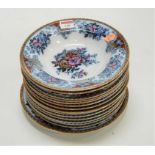 A collection of Victorian Pinder Bourne & Co transfer decorated soup plates, in the Bouquet pattern,