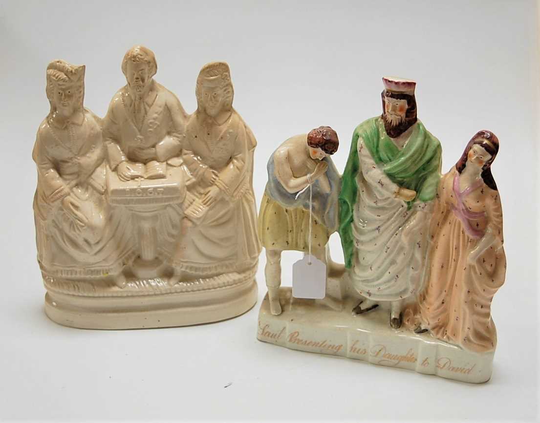 A large Victorian Staffordshire creamware figure group, The Independent Order of Good Templars by