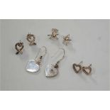 Four pairs of Tiffany & Co 925 silver ear studs and pendants, to include stamped heart shaped