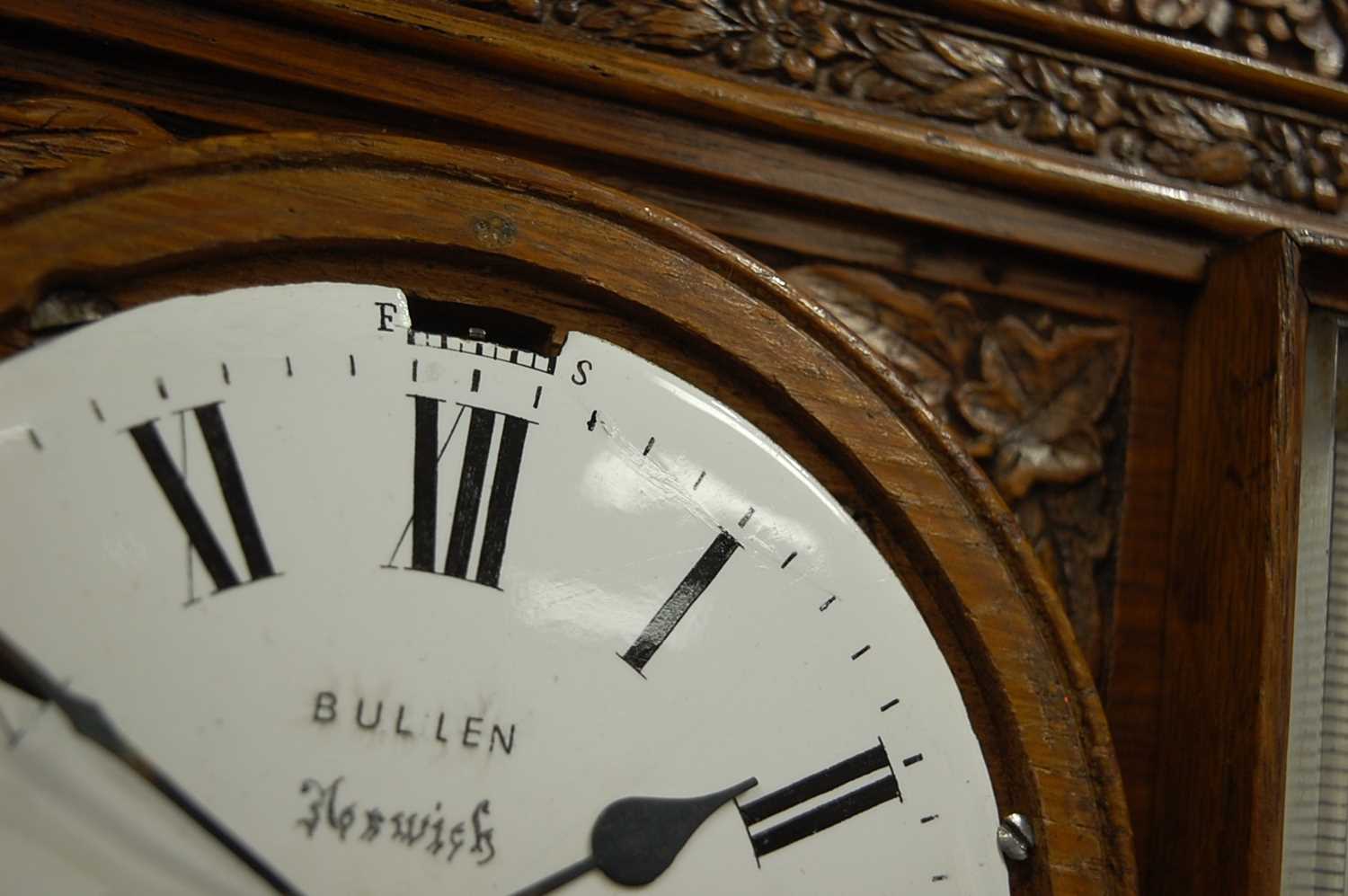 A Victorian carved oak desk weather station, inset with clock and barometer, with central - Image 4 of 9