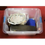 A box of miscellaneous items, to include pair of silver plated dishes, loose souvenir spoons,