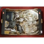 A box of miscellaneous metalware, to include silver plated six bottle cruet stand, entrée dishes,