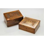 A carved and inlaid olive wood unfitted box from Jerusalem, w.21cm; together with a similar