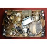 A box of miscellaneous items, to include silver plated card waiter, goblets, onyx table cigarette