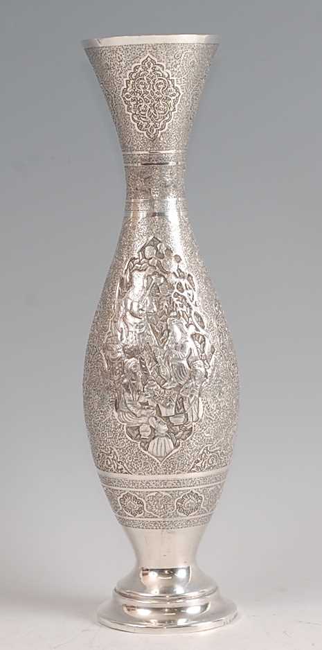 An early 20th century Persian white metal vase, of tulip shape, having all-over foliate engraved - Image 2 of 4