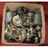 A box of miscellaneous metalware, to include a pair of Old Sheffield Plate candelabra, pewter mug,