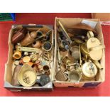 Two boxes of miscellaneous metalware, to include brass watering can, blowtorches, scales and weights