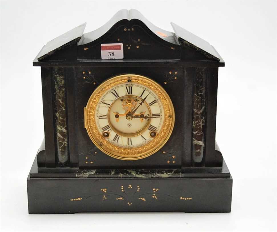 A circa 1900 Ansonia Clock Company of New York slate mantel clock, having signed dial with visible