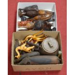 Two boxes of miscellaneous items, to include African carved hardwood bust, copper saucepan and cover