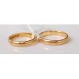A plain 22ct gold wedding band, size K; and one other similar, size N, gross weight 7.2g (2)