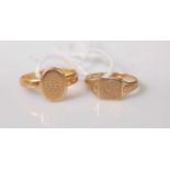 An 18ct gold signet ring, 3.7g, size I/J; together with a 9ct gold example, 1.6g, size J (2)