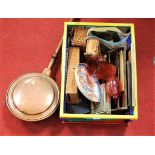 A box of miscellaneous items, to include 19th century Chinese Canton porcelain shallow bowl (heavily