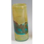 A Mdina cylindrical art glass vase, having cased and trailing decoration in tones of yellow, brown