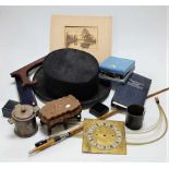A box of miscellaneous items, to include a brushed felt dressage hat, a Golden Strand violin bow,