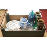 A box of miscellaneous china and glassware, to include a pair of Japanese lacquered vases of
