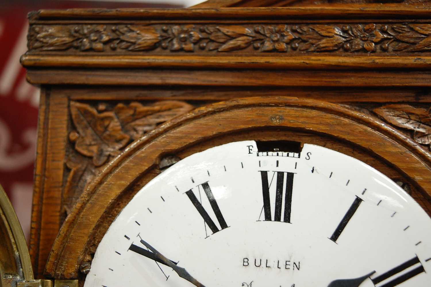 A Victorian carved oak desk weather station, inset with clock and barometer, with central - Image 3 of 9