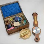 A Victorian walnut and tunbridge ware decorated box, containing various items of costume