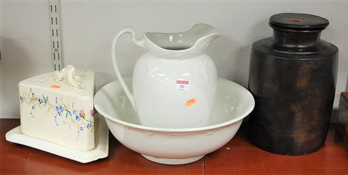 A Staffordshire blanc-de-chine wash jug and bowl; together with a Staffordshire cheese dish and