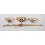 Three various modern 9ct gold diamond point set dress rings; together with a 9ct gold finelink