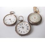 Three various lady's continental silver cased open faced pocket watches, each with engraved back