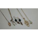 Assorted white metal and silver neck chains, one with moonstone set pendant, green hardstone set ear