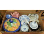A box of miscellaneous china, to include large earthenware tureen and cover, Sunderland lustre