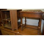 A 1930s oak octagonal tiered book table, h.51cm, w.50cm; together with a 1930s oak and tapestry