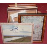 A box of assorted picture frames and prints etc