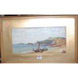 H.R. Comtes - Fishing boats at lowtide, watercolour, signed lower right, 18 x 37cm