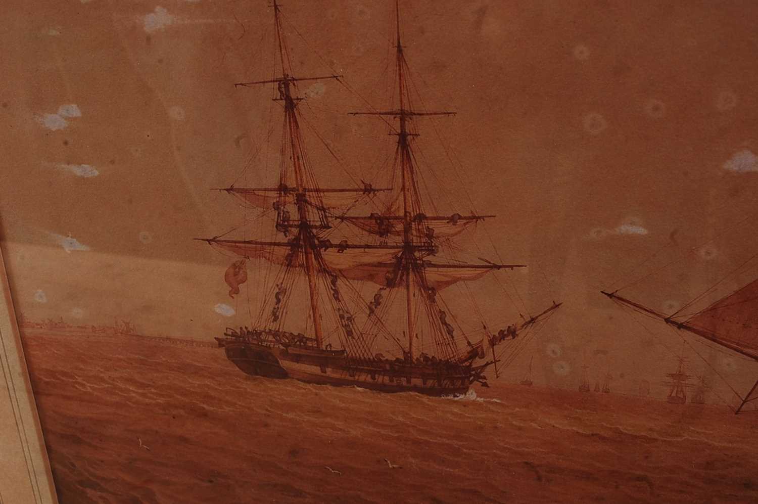 William Joy (1803-1867) - Naval ships on the calm, sepia watercolour with traces of body colour, - Bild 2 aus 3