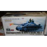 A Henglong Plastics Ltd 1:16 scale boxed radio control model of a Sturmgeschutz No.3 battle tank