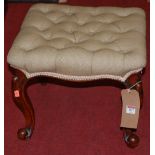 A 19th century mahogany framed and buttoned fabric upholstered square dressing stool, on French