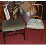 A pair of Sheraton Revival satinwood salon chairs, each with floral stuffover seats (one with