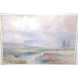 Early 20th century English school - Sheep grazing in a misty landscape, watercolour, indistinctly