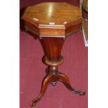 A Victorian rosewood octagonal hinge topped sewing table, raised on hipped scroll supports, w.42.