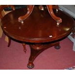 A William IV mahogany circular tilt-top pedestal breakfast table, raised on triform base, dia.120cm