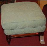 A contemporary mahogany and green floral upholstered square footstool, w.54cm
