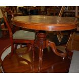 A Victorian mahogany oval tilt-top pedestal breakfast table, raised on hipped scroll supports,