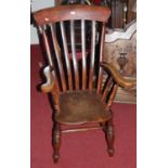 An early 20th century elm and beech slatback farmhouse open armchair, w.63cm