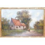 20th century school - Figure before a thatched cottage, oil on panel, 19 x 29cm